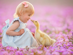 Flowers, Ducky, Meadow, Pink, girl