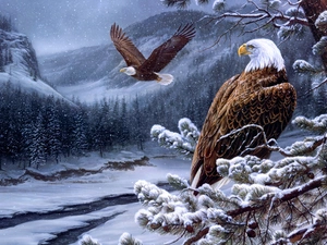 Mountains, Two cars, forest, Art, winter, Eagles