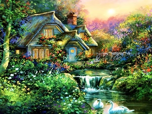 house, River, Swan, Garden