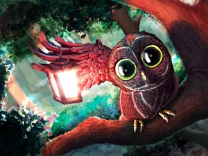 owl, lantern, Paintography, branch