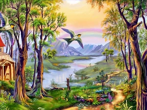 chapel, River, swallow, Path