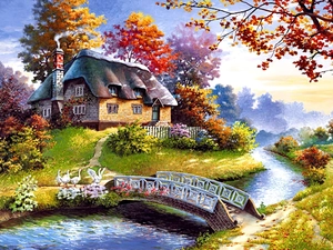 house, bridges, geese, River