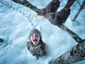 branch, birds, winter, snow, girl, knife