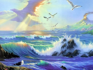 sea, Sky, gulls, Waves
