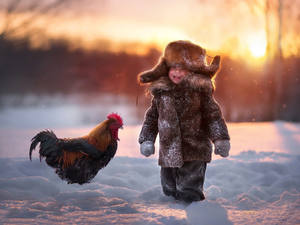 rooster, winter, boy, Kid, cheerful