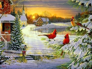 Cardinals, winter, Church, birds, Houses