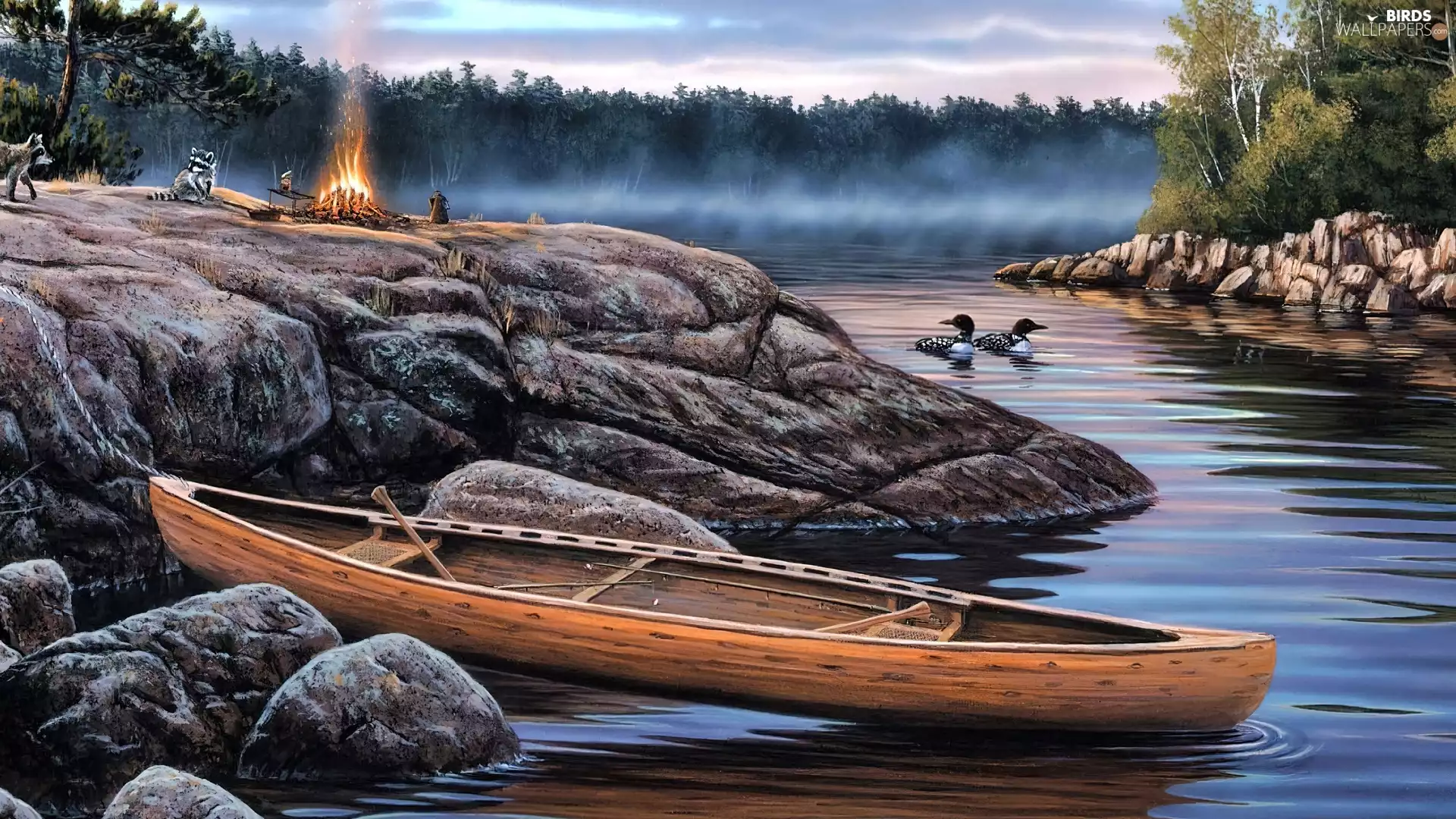 River, Rocks, fire, Boat