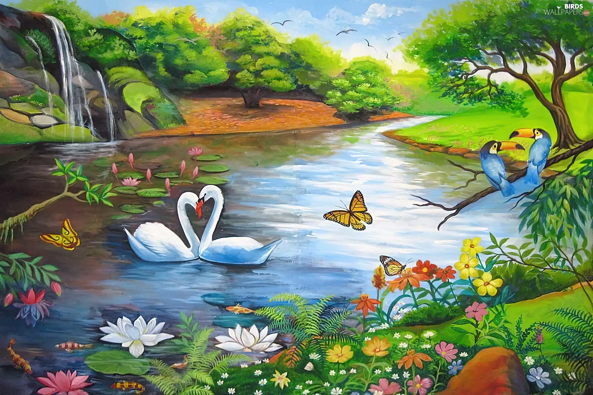 Toucan, butterflies, Flowers, Swan, lake