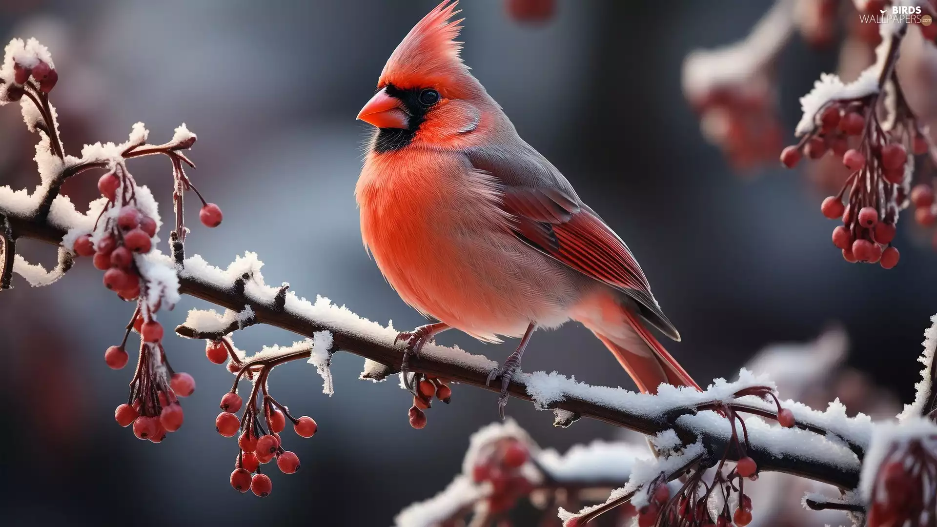 A snow-covered, Bird, Red, Fruits, twig, cardinal