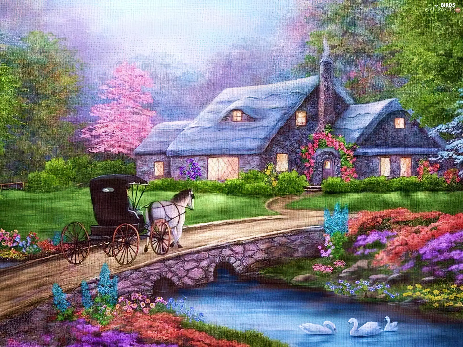 River, house, Swan, carriage, Flowers, bridge