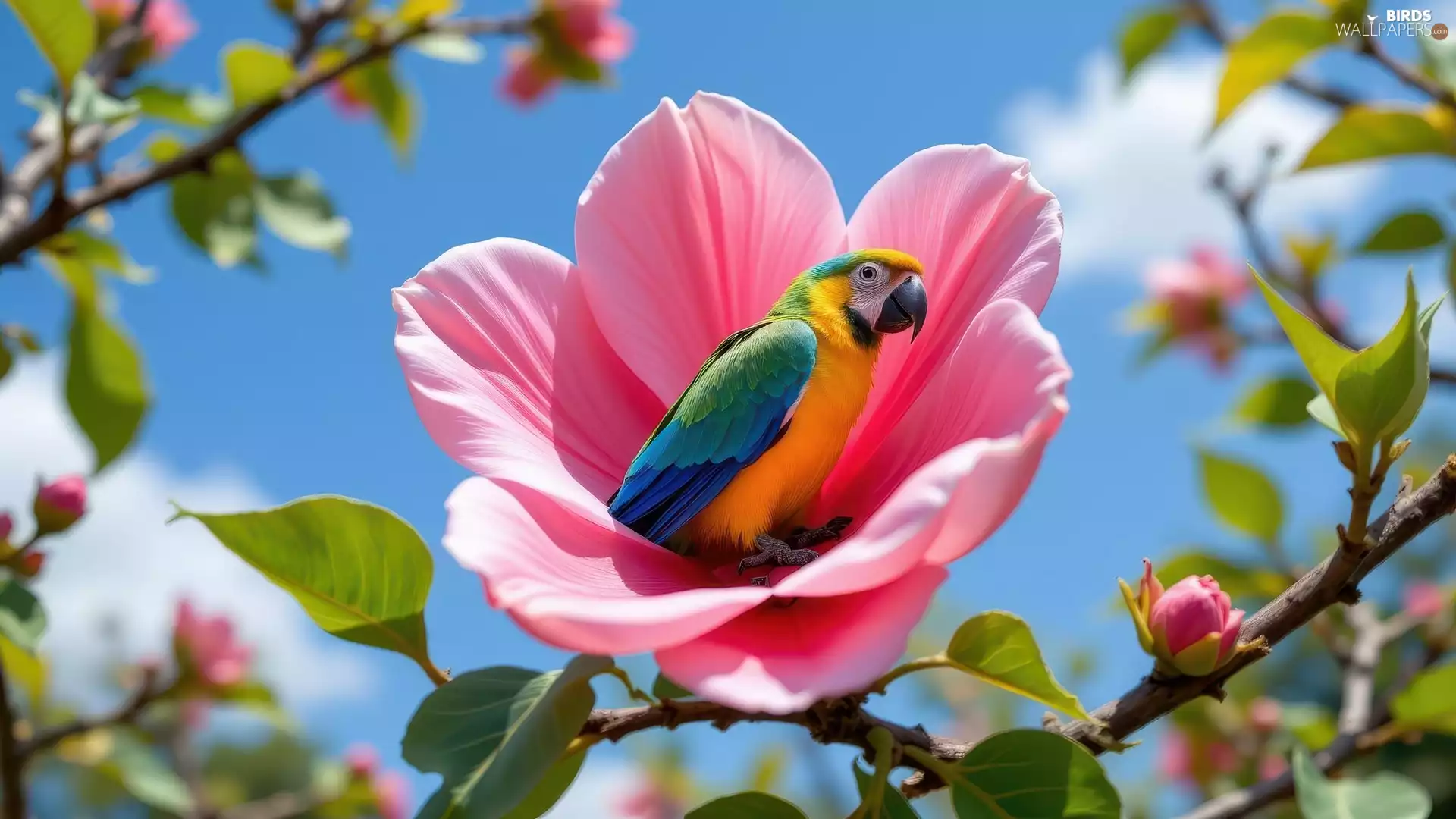 Blossoming, parrot, Pink, Colourfull Flowers, twig, ara