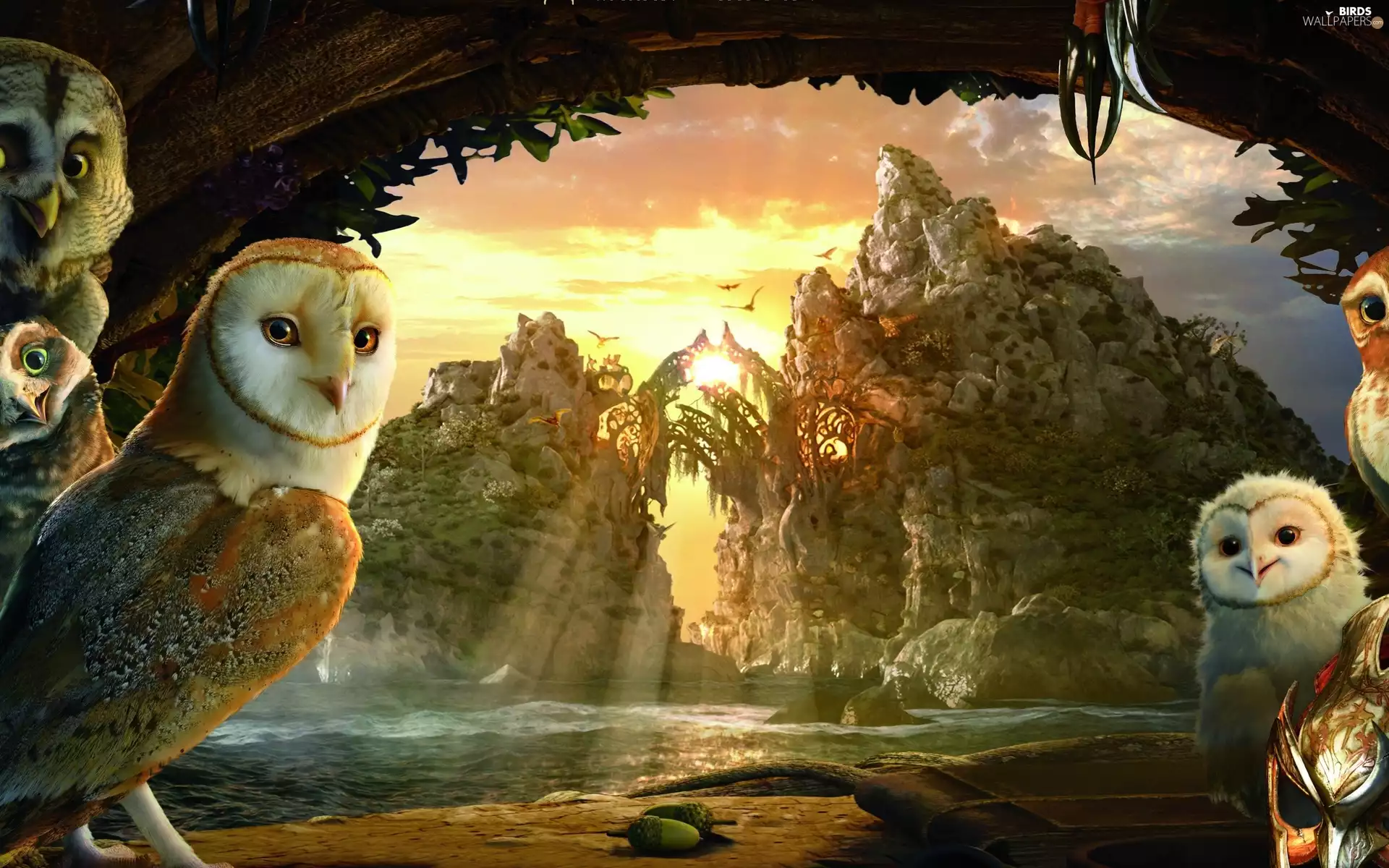 Owls, fantasy, rays, sun, Mountains