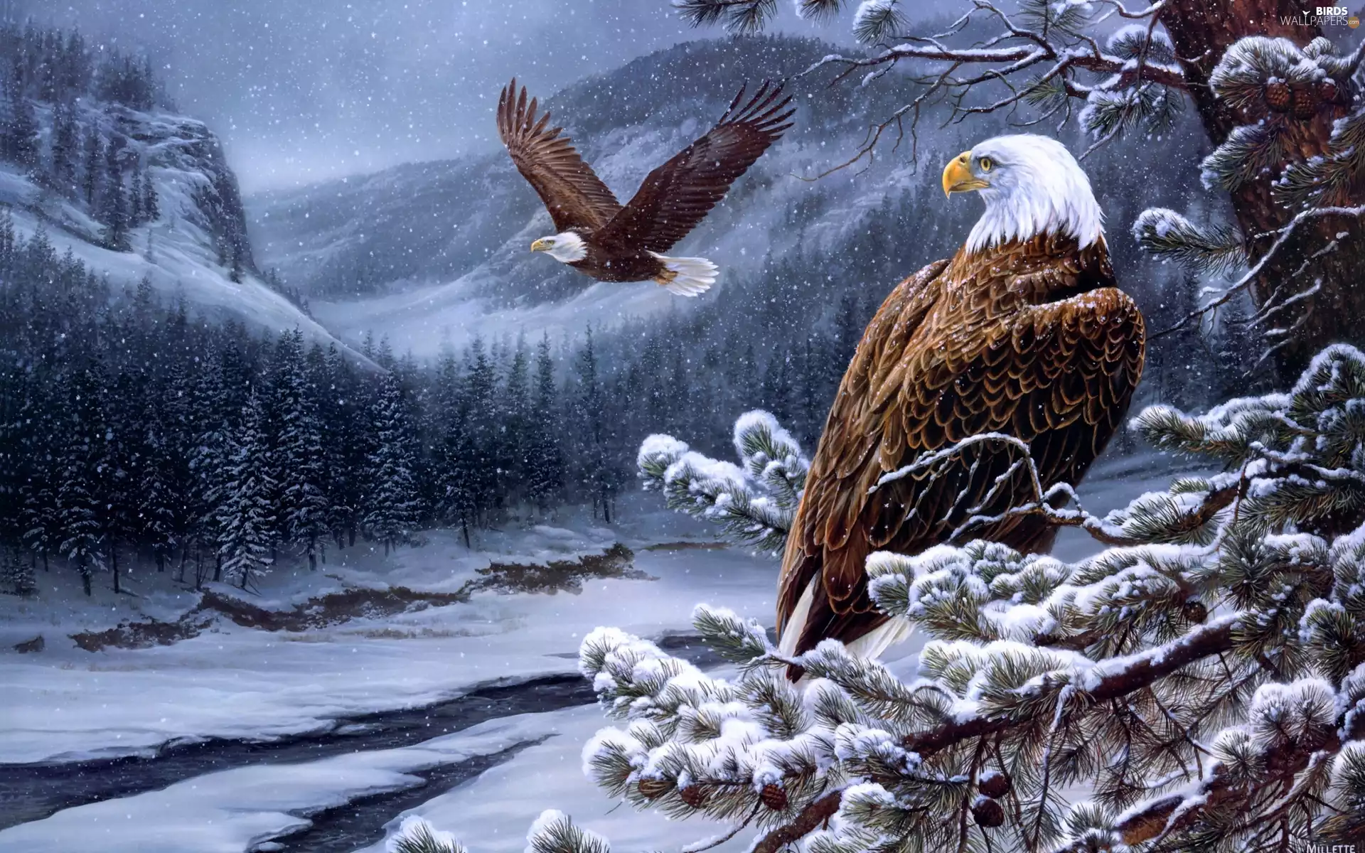 Mountains, Two cars, forest, Art, winter, Eagles