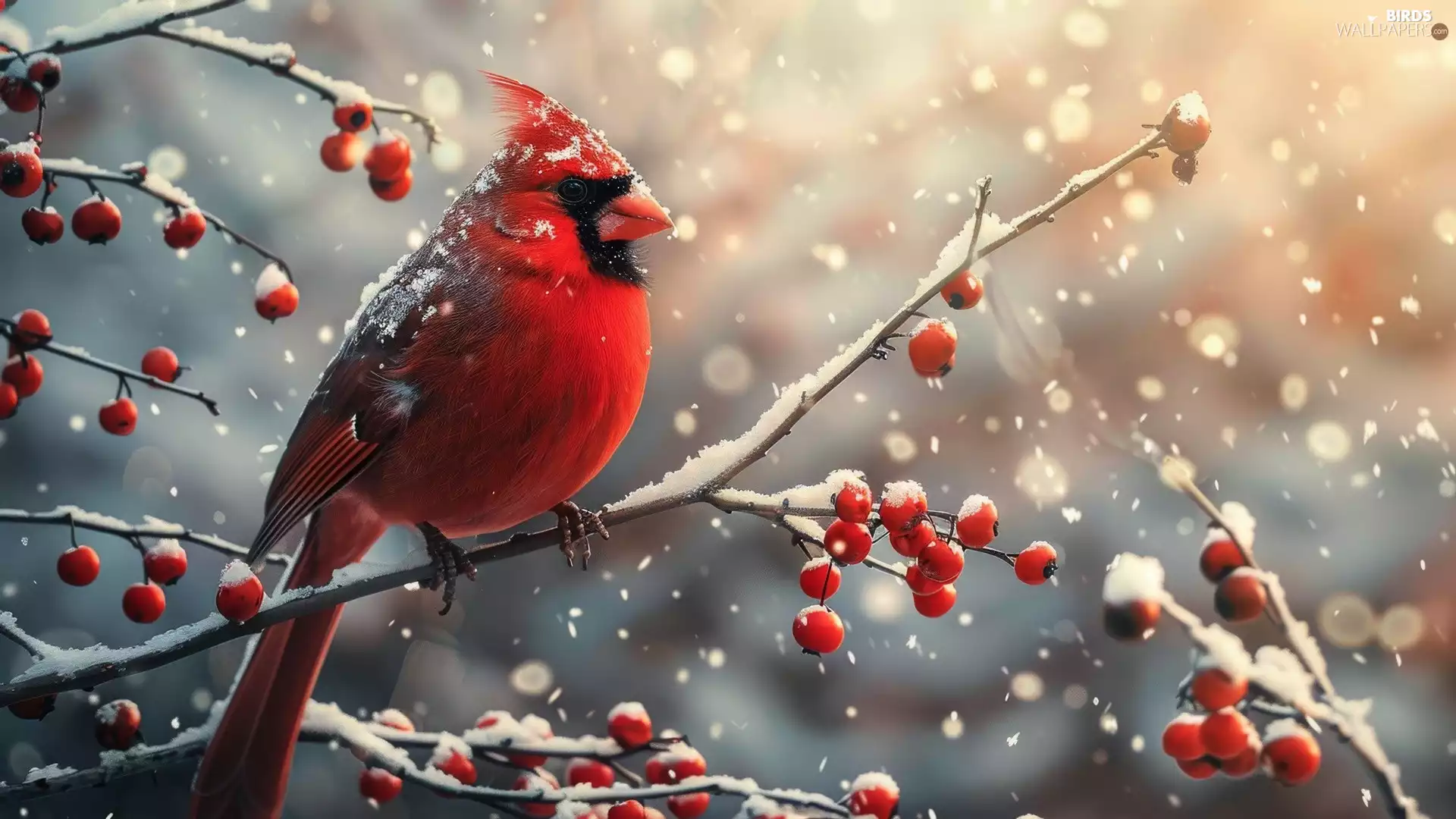 Snowy, Bird, Red, Fruits, Twigs, Northern Cardinal