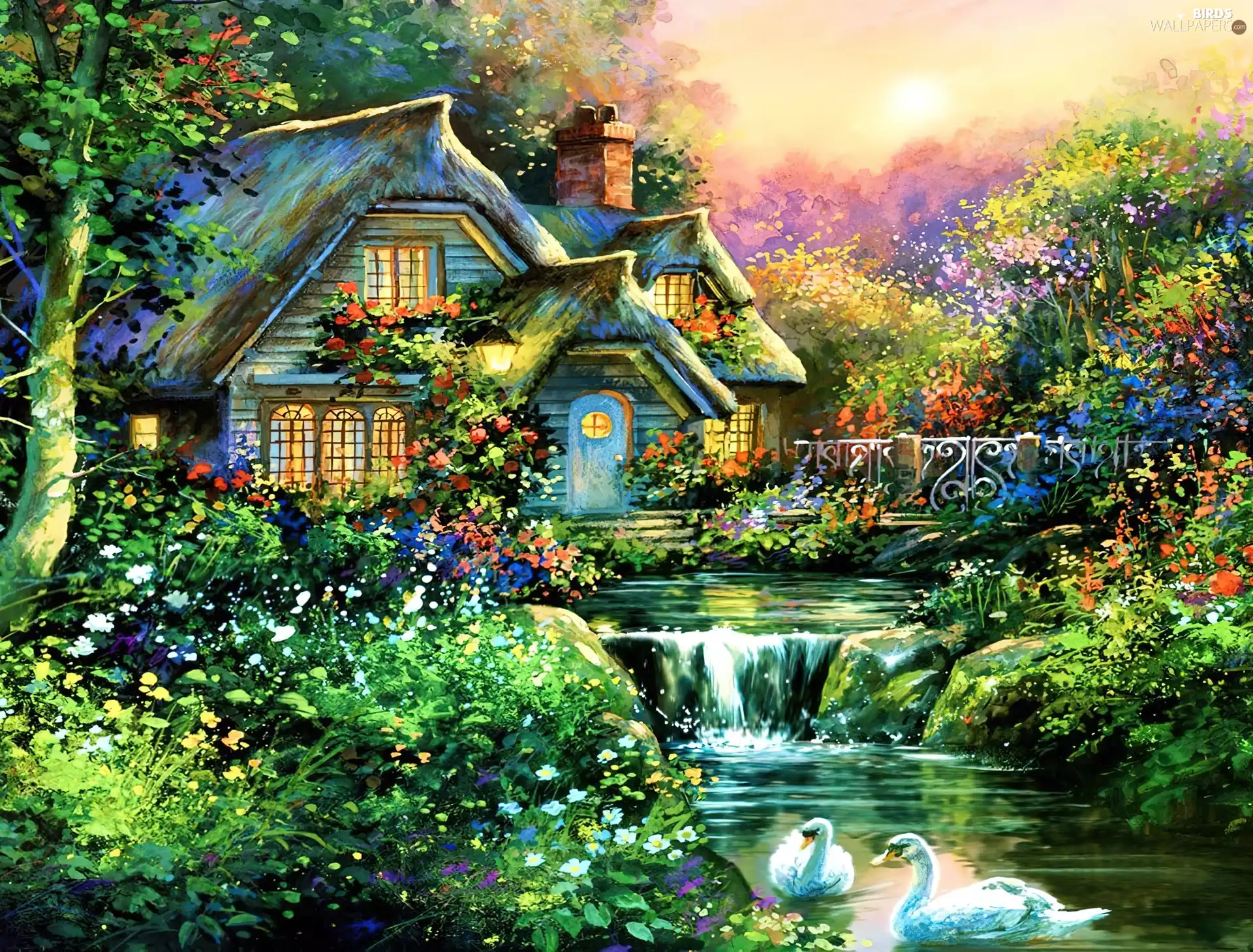 house, River, Swan, Garden