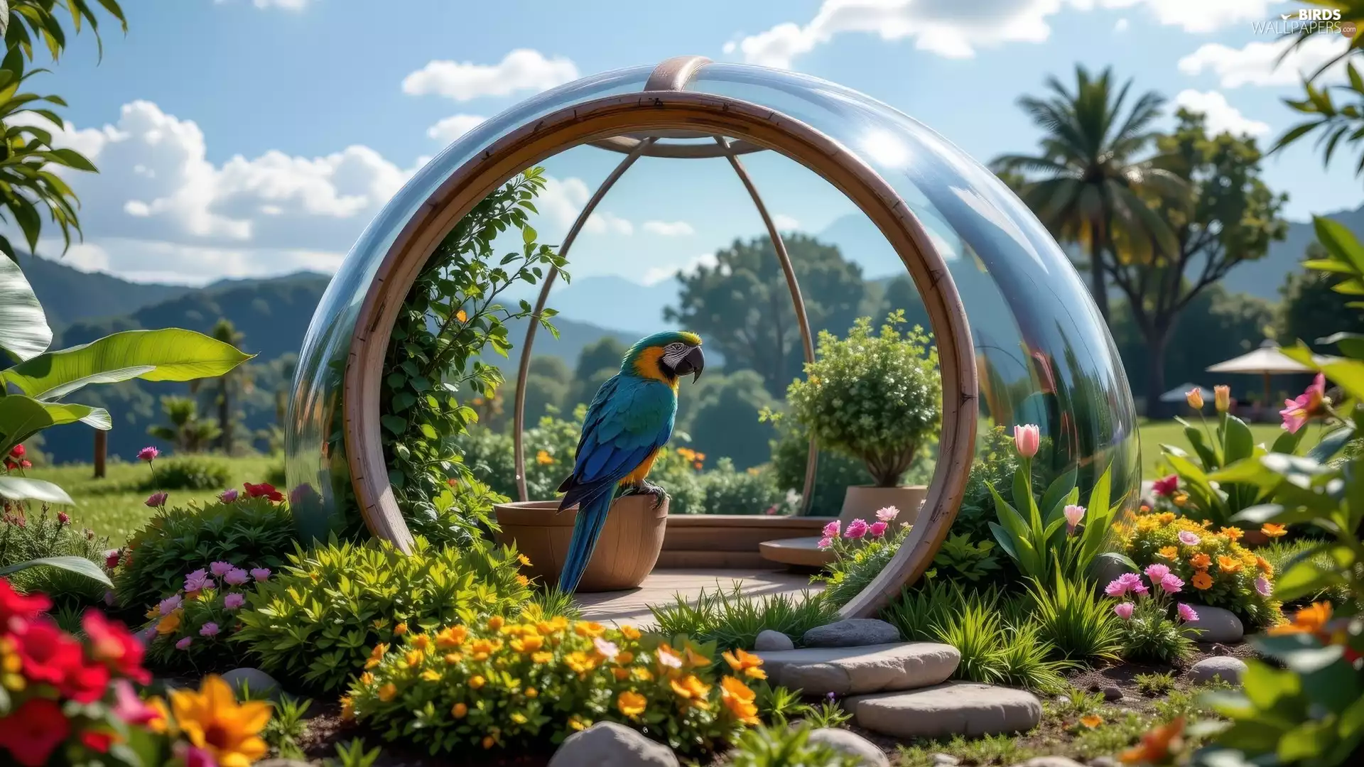 Glass, Garden, copula, sitting, Flowers, Stones, ara, bowl, parrot