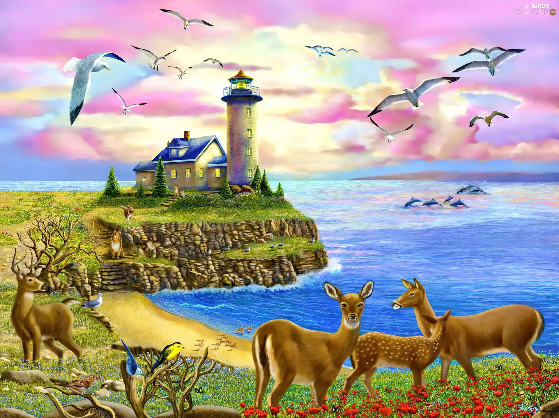 sea, Lighthouse, deer, gulls, deer, maritime