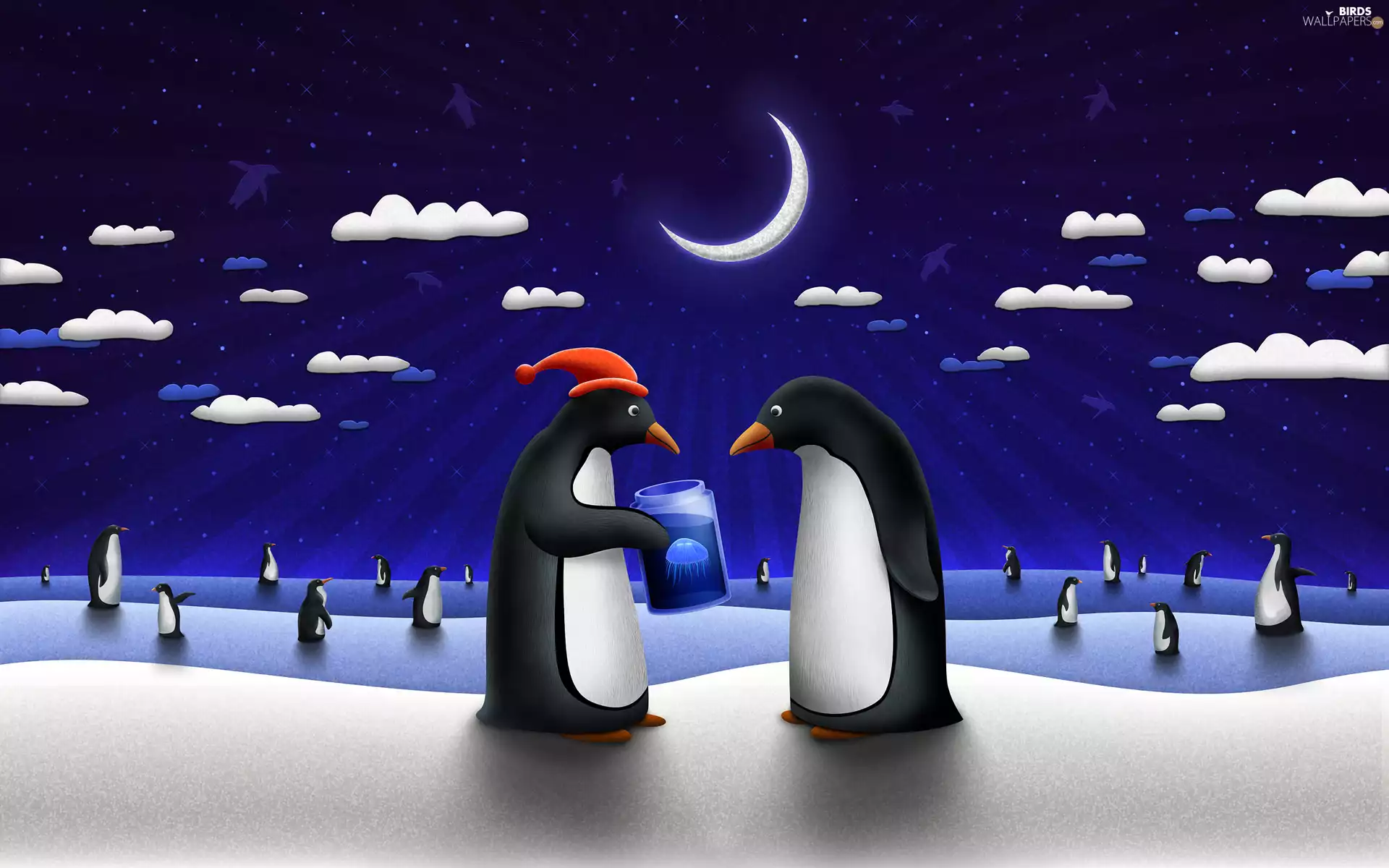 Hat, penguin, moon
