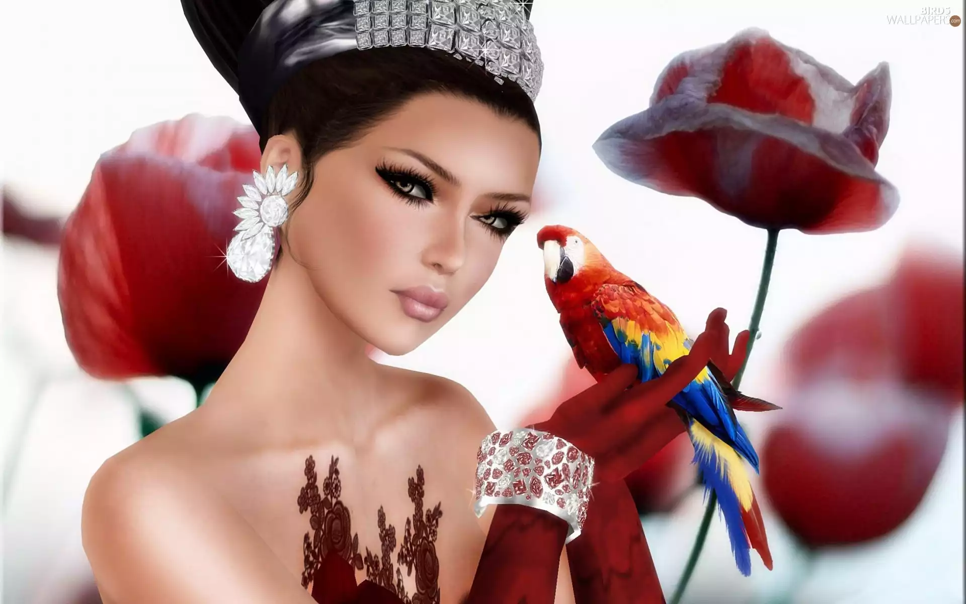 Women, parrot, ara, jewellery