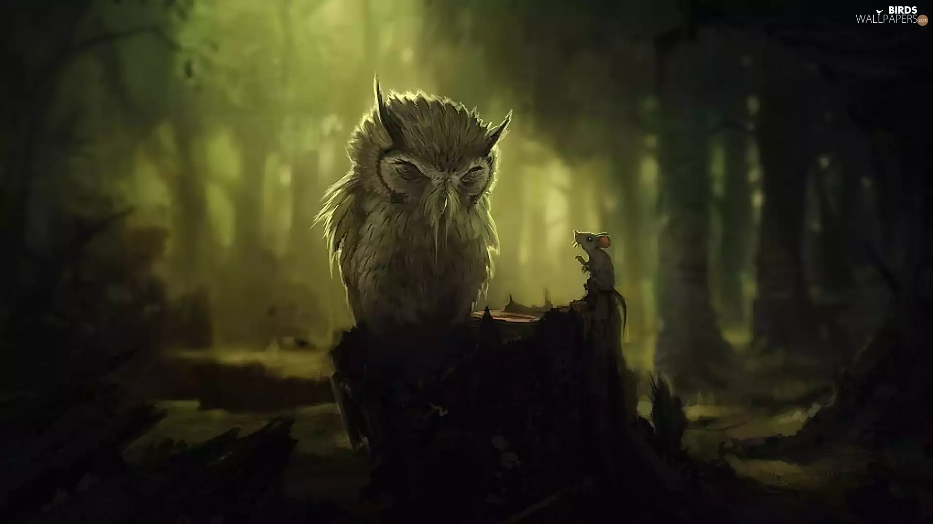 owl, trunk, forest, mouse