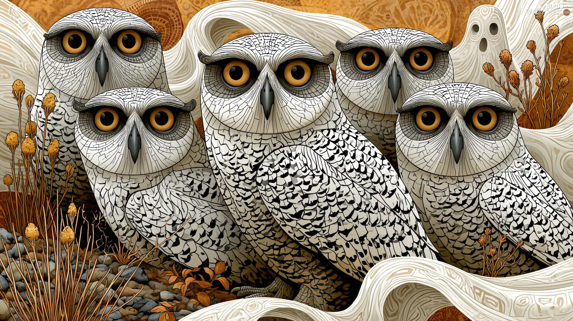 White, Plants, graphics, Owls