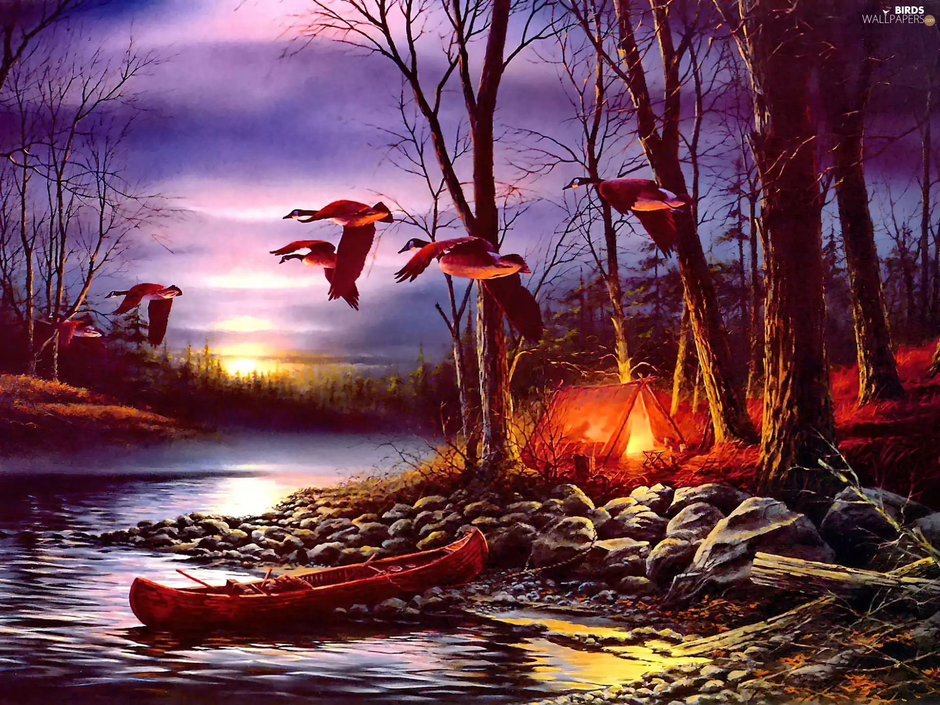 fire, painting, ducks, Boat, lake