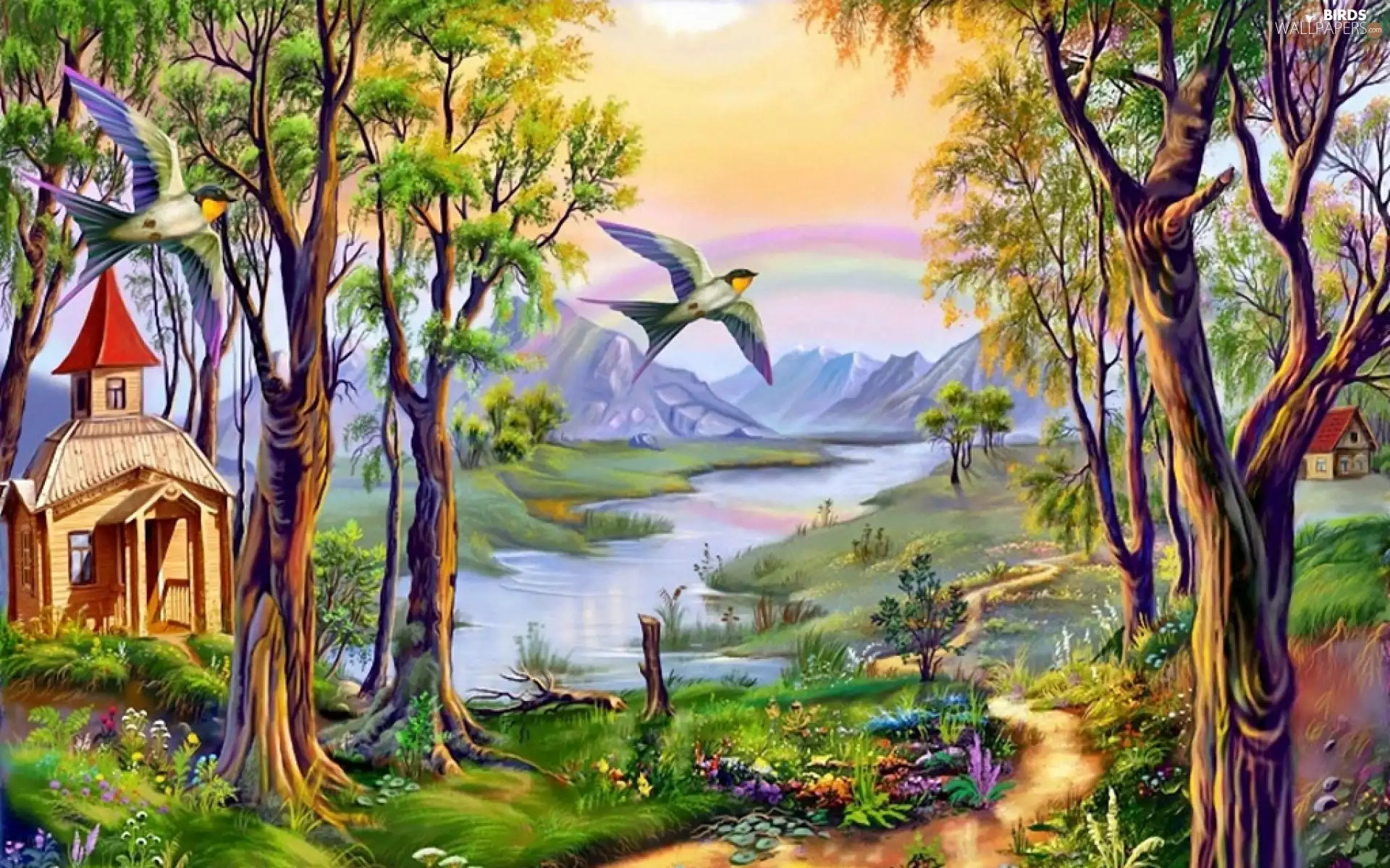 chapel, River, swallow, Path