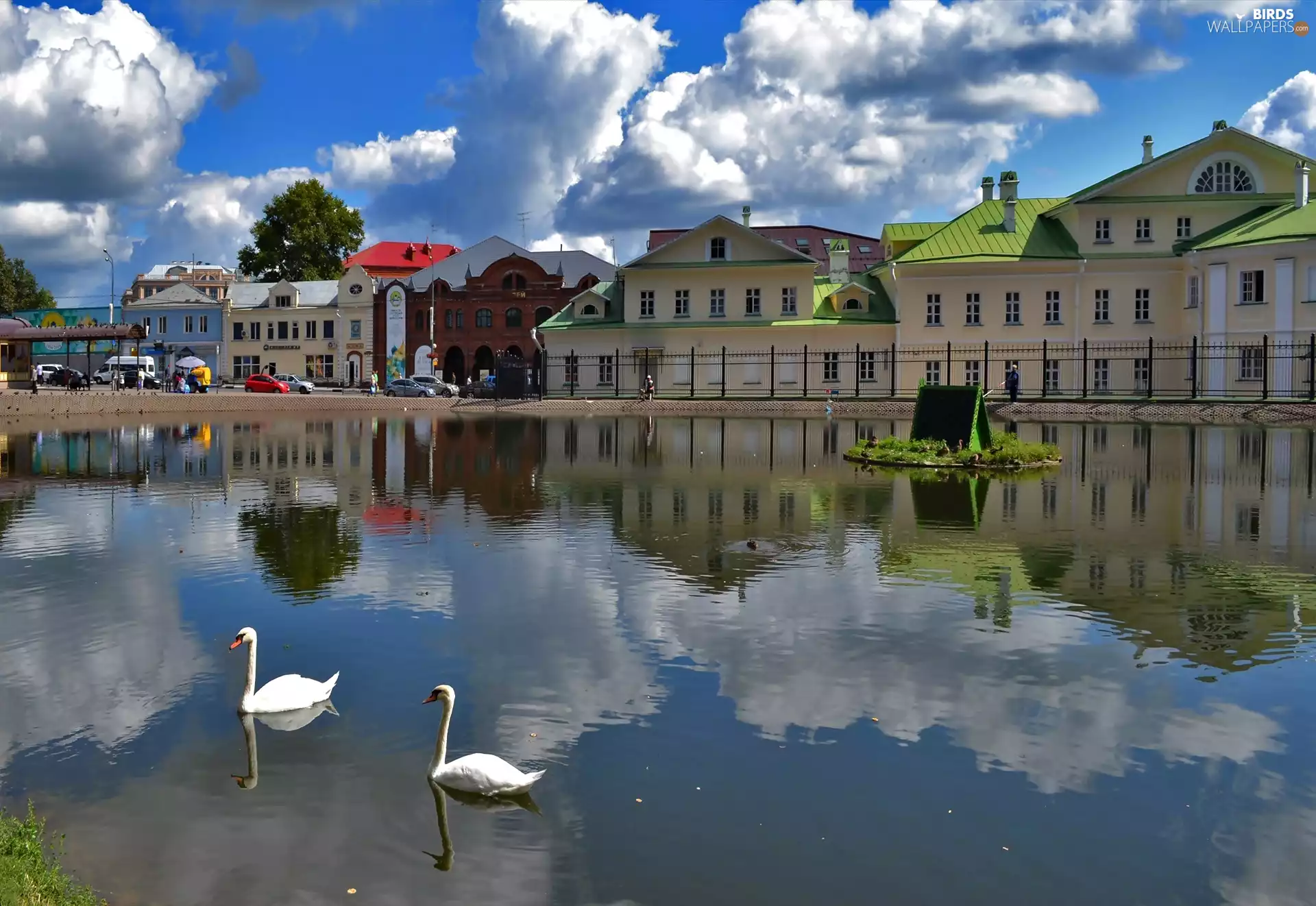 clouds, reflection, Swan, River, Houses