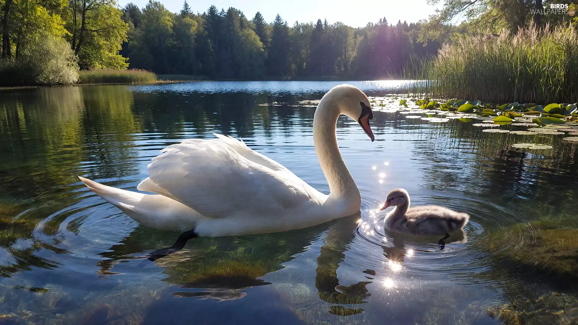 Swans, lake, Swan, small, Two cars