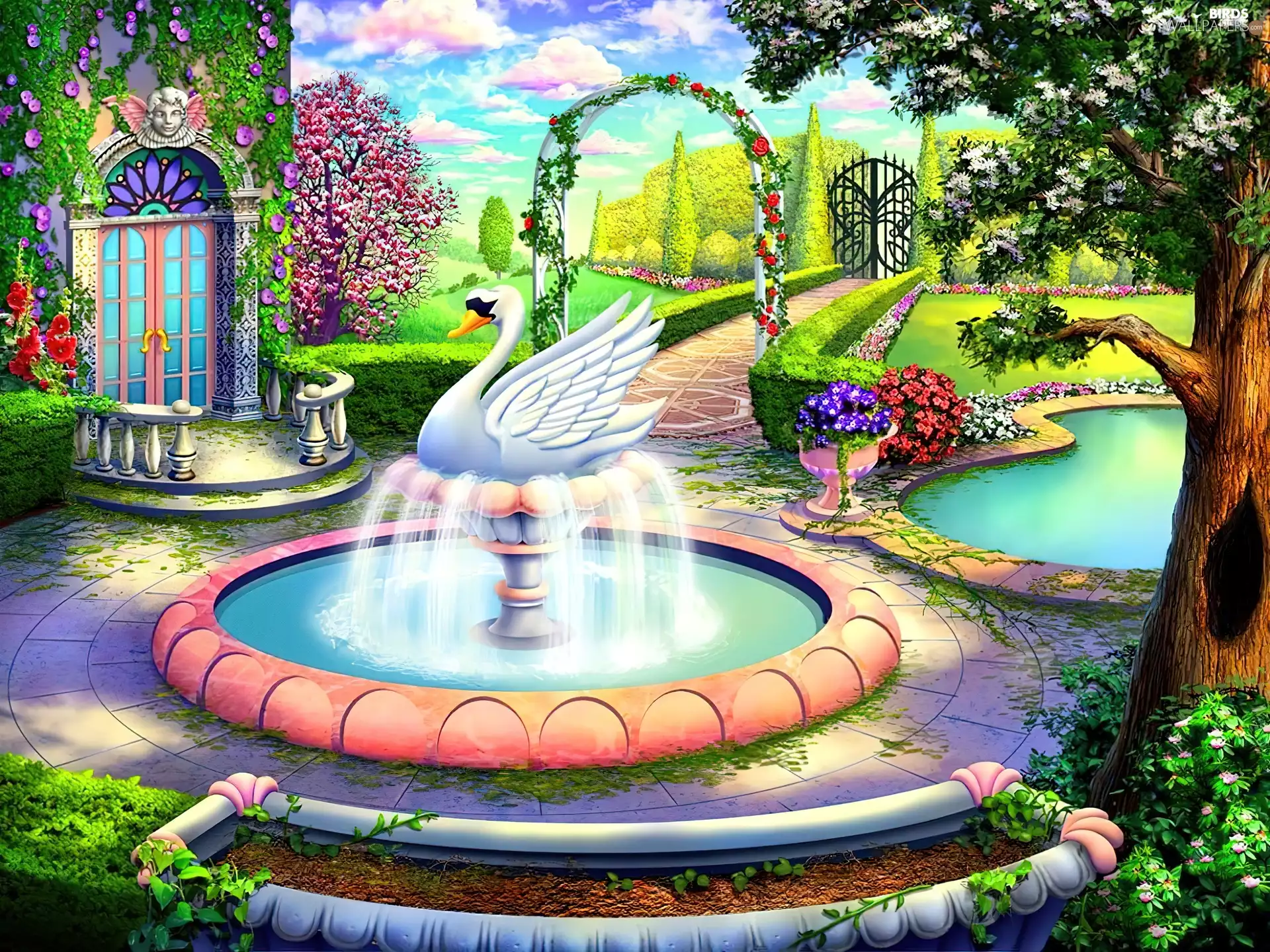 fountain, house, Garden, Swans