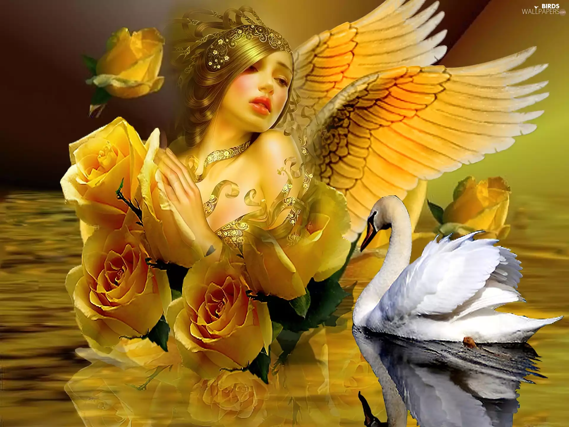 Women, roses, Art, Swans