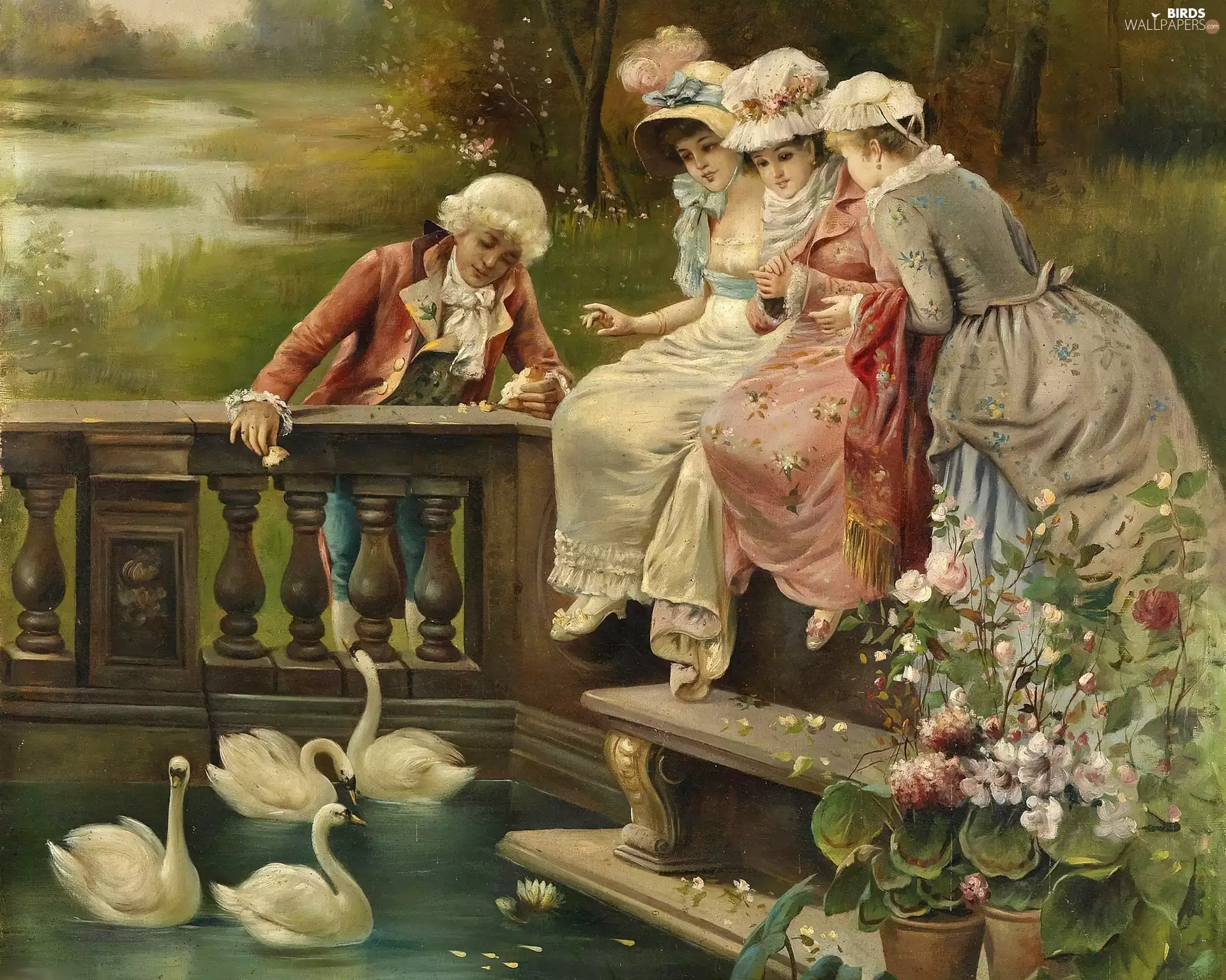 a man, Swan, Three, Womens, terrace