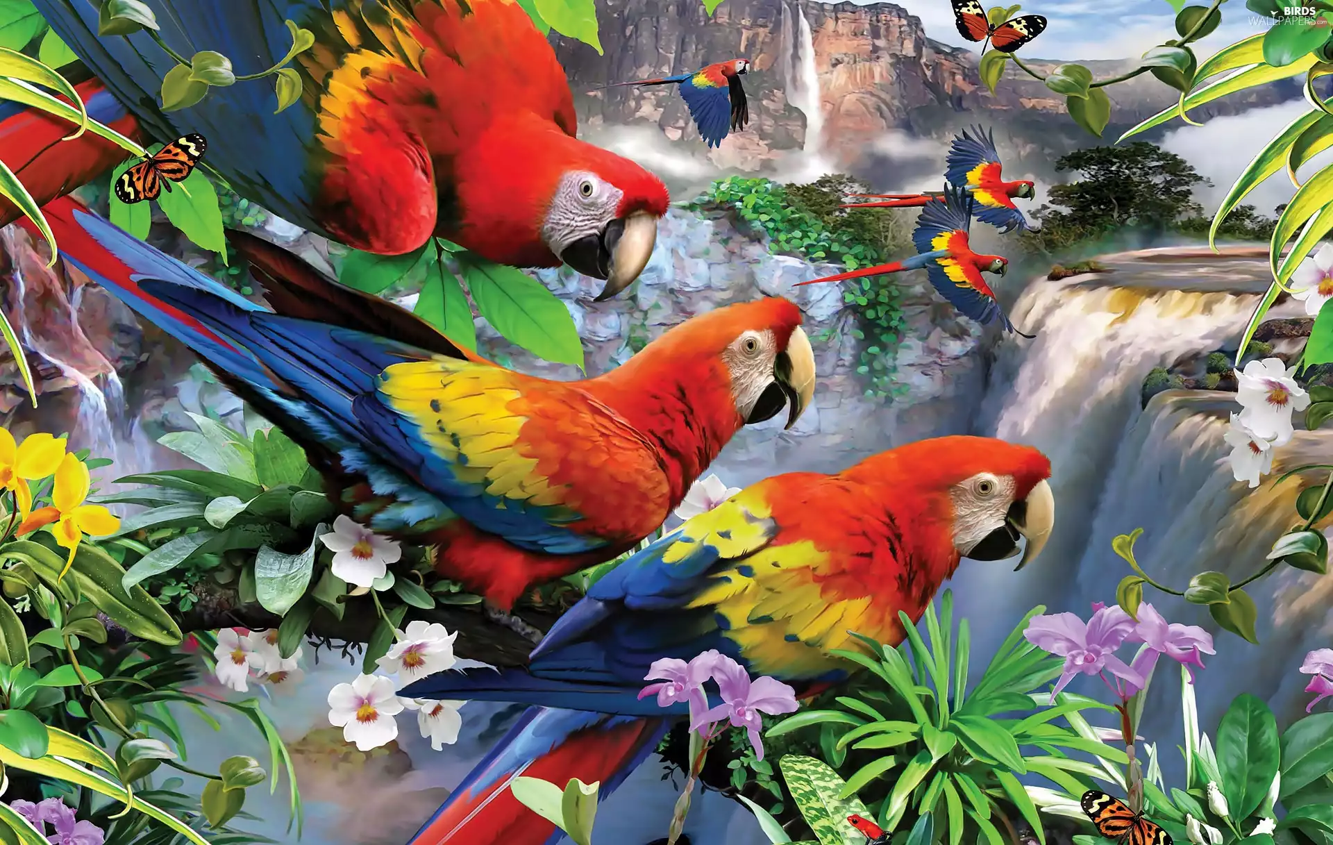 Mountains, waterfall, butterflies, Flowers, Ary