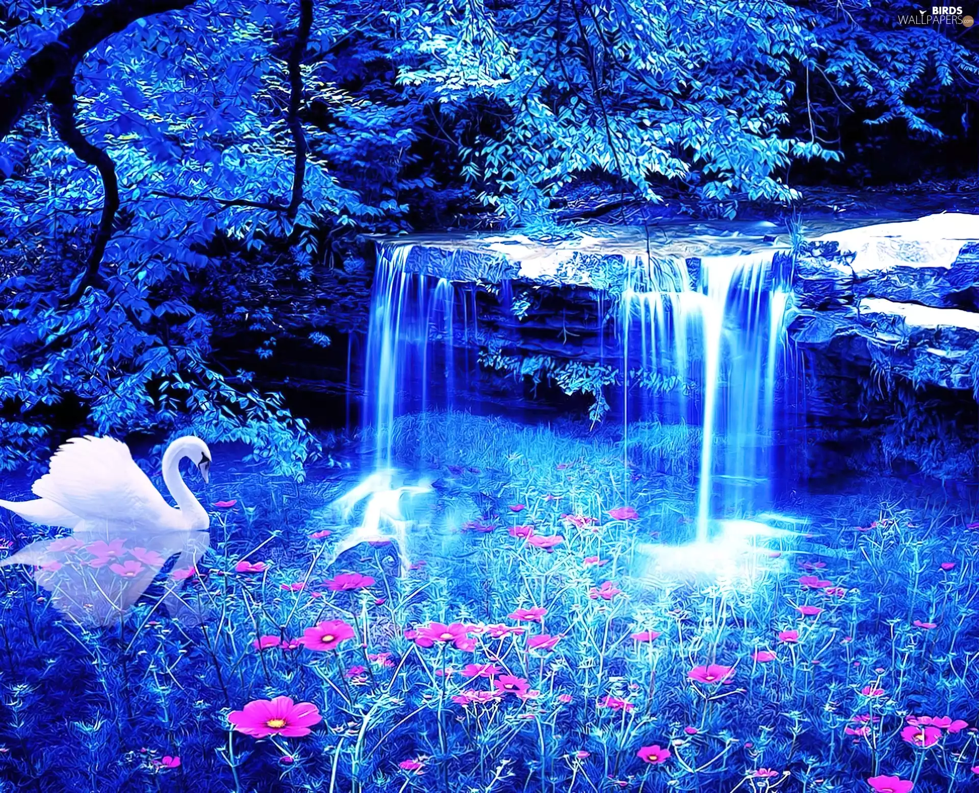 swan, lake, Flowers, waterfall