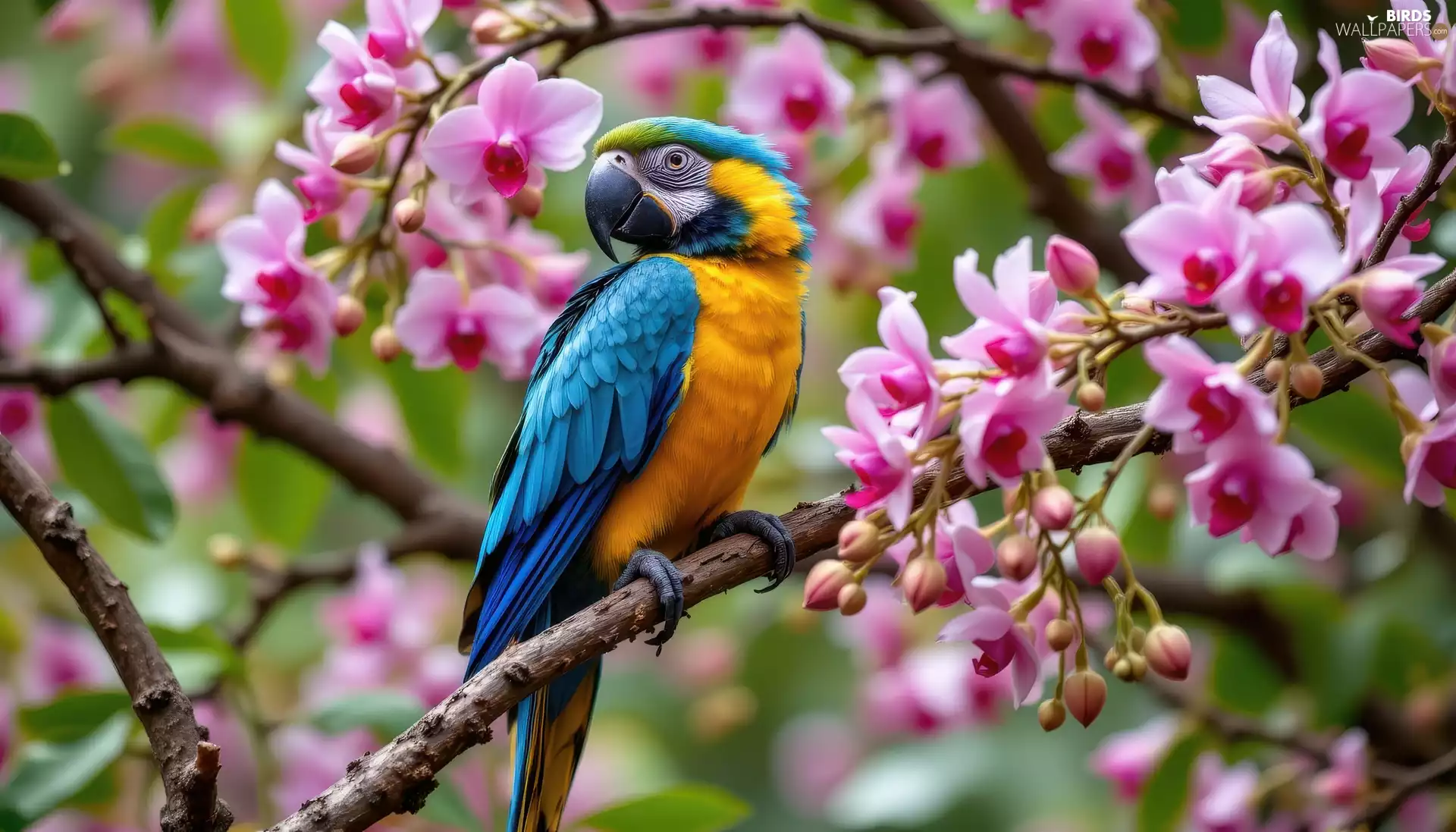 orchids, Flowers, Blue-Yellow, ara, parrot, Twigs